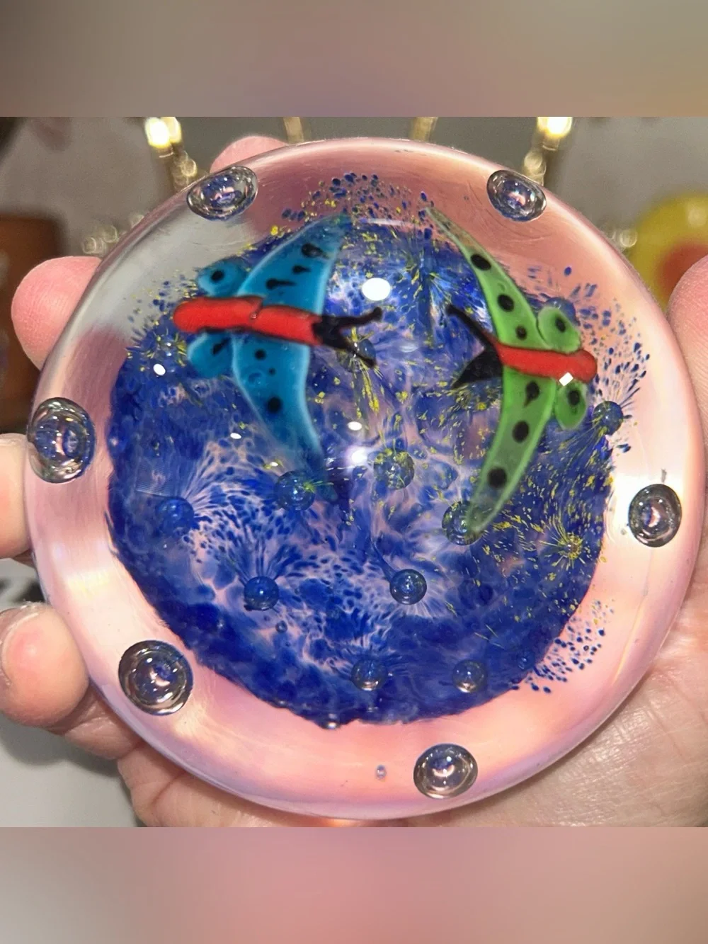 Art Glass Controlled Bubble / Butterfly & Flower paperweight. Like New